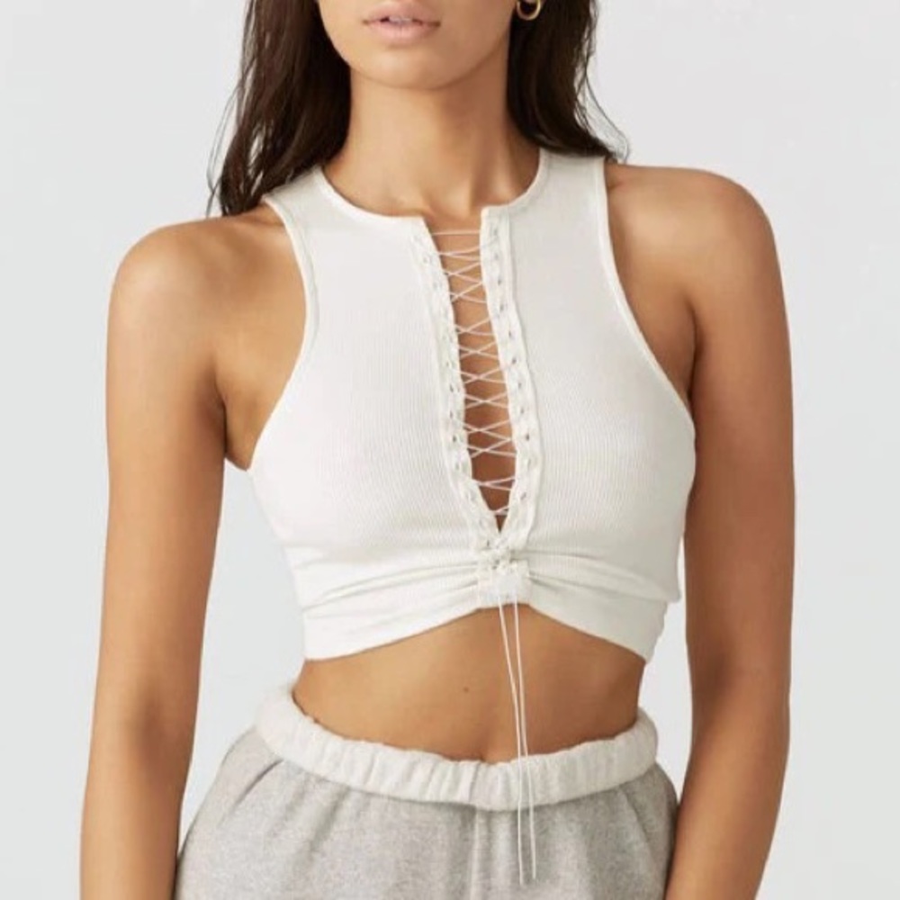 Joah Brown Lace Up Crop Top White M/L
